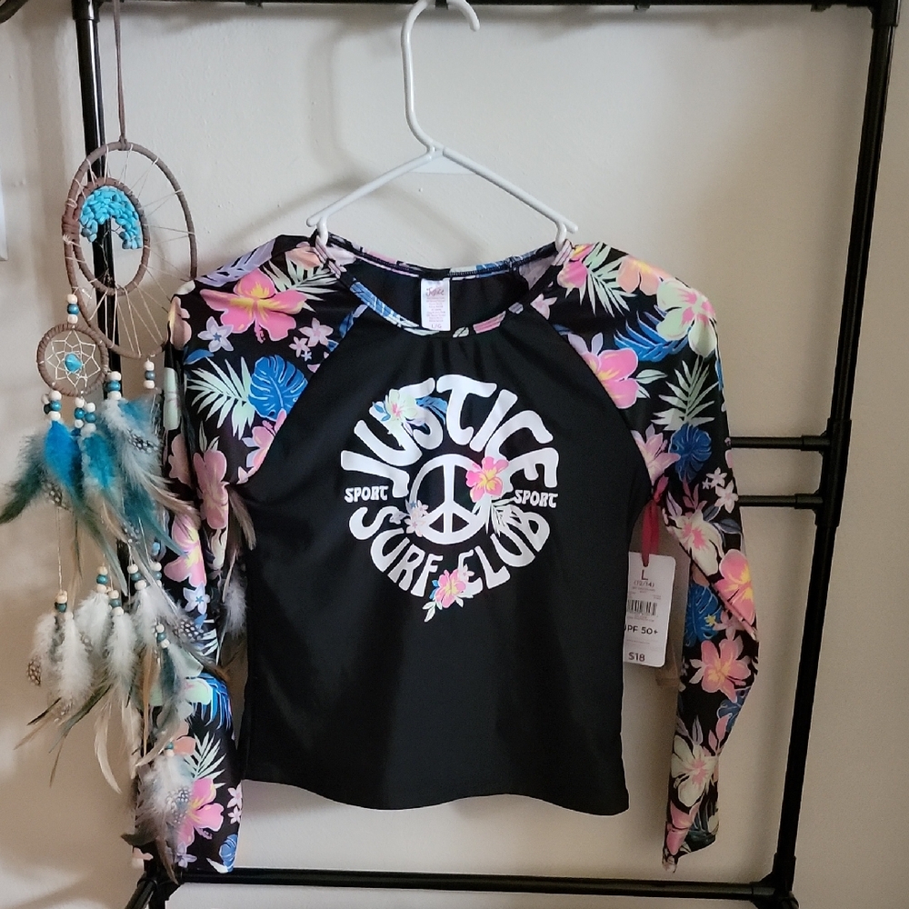 Justice Kids Swim Top - Black with Floral Accents